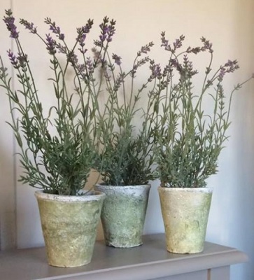 Faux Lavender in a tall Stoneware Pot
